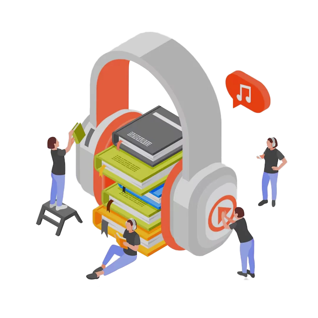Illustration of books stacked inside oversized headphones with listeners around them