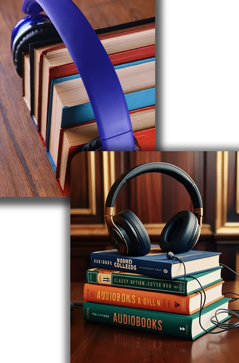 Headphones resting on stacks of hardcover books