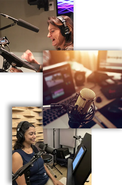 Narrators and a studio microphone during audiobook recording sessions