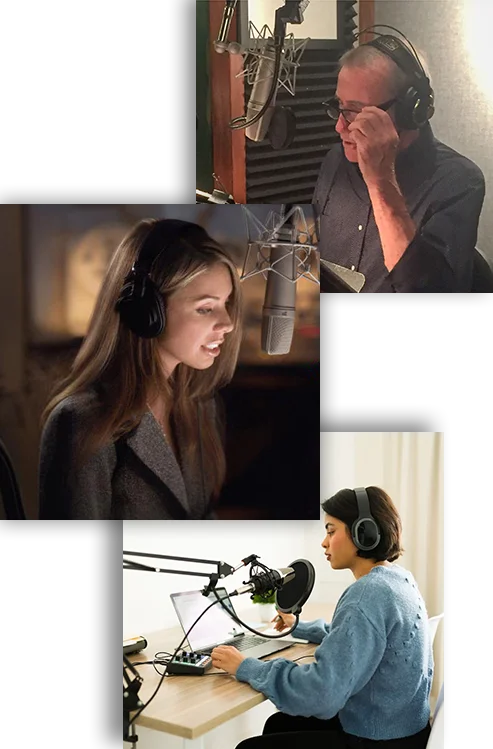 Voice actors recording in booths and at a home studio desk