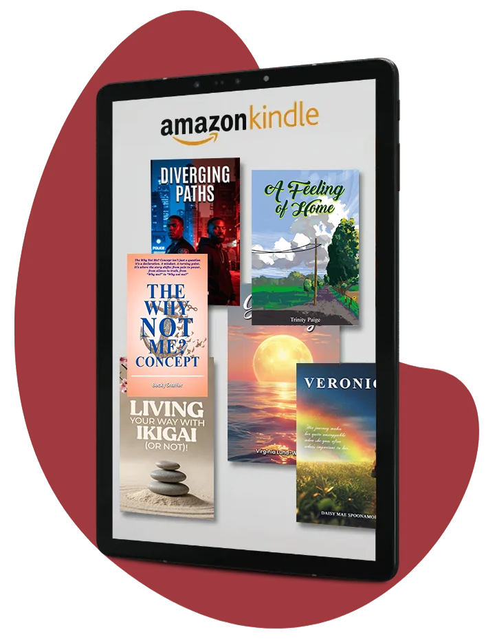 Tablet showing Amazon Kindle with a grid of published book covers