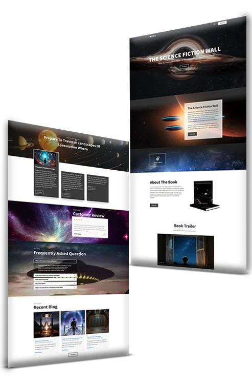 Author website mockups for a science-fiction book with trailer and review sections