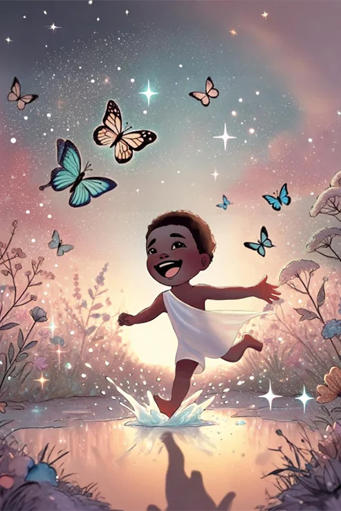 Illustrated child splashing through a pond under butterflies and starlight