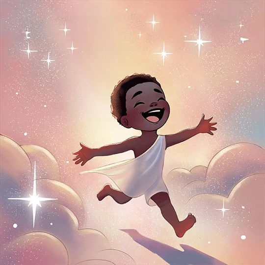 Illustrated child leaping through starlit clouds in a white wrap