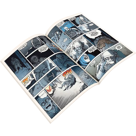 Open comic issue with high-contrast action panels and a POW splash page