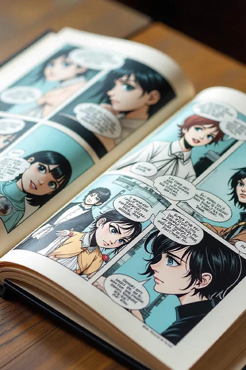 Open color comic book on a wooden table showing character close-ups and dialogue