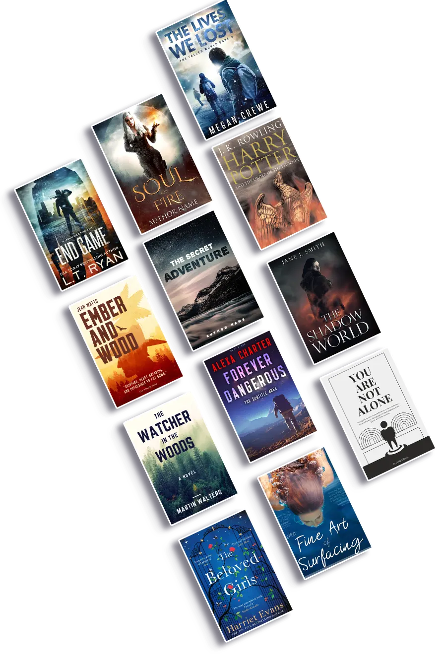 Collage of book covers across thriller, fantasy, romance, and literary titles