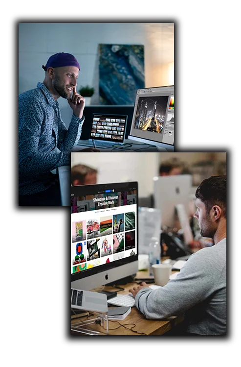 Designers reviewing cover art and a creative portfolio on studio screens