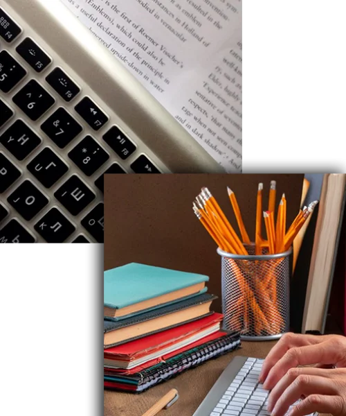 Editor desk with manuscript, pencils, notebooks, and a laptop keyboard