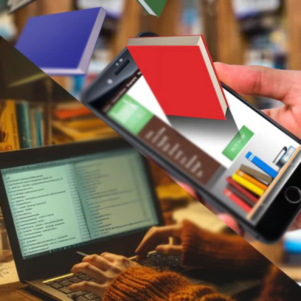 Collage of digital publishing: laptop manuscript, phone bookstore app, and books in motion
