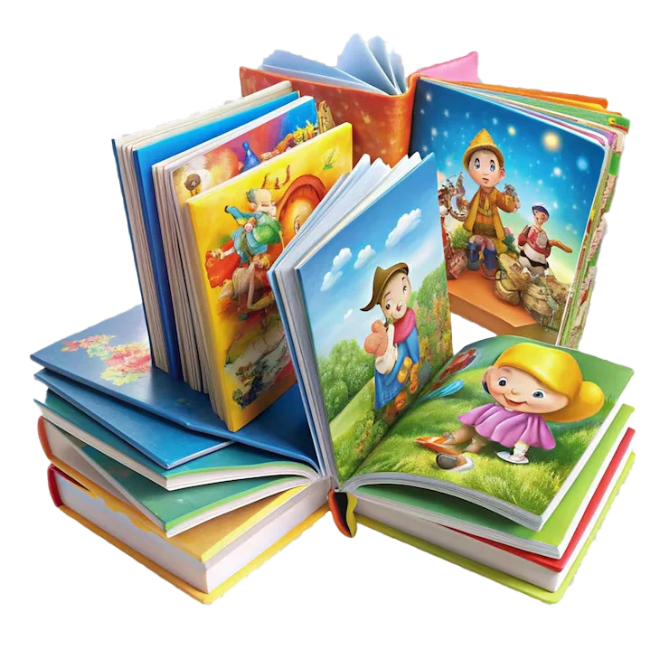 Stack of open illustrated children's books showing colorful interior spreads