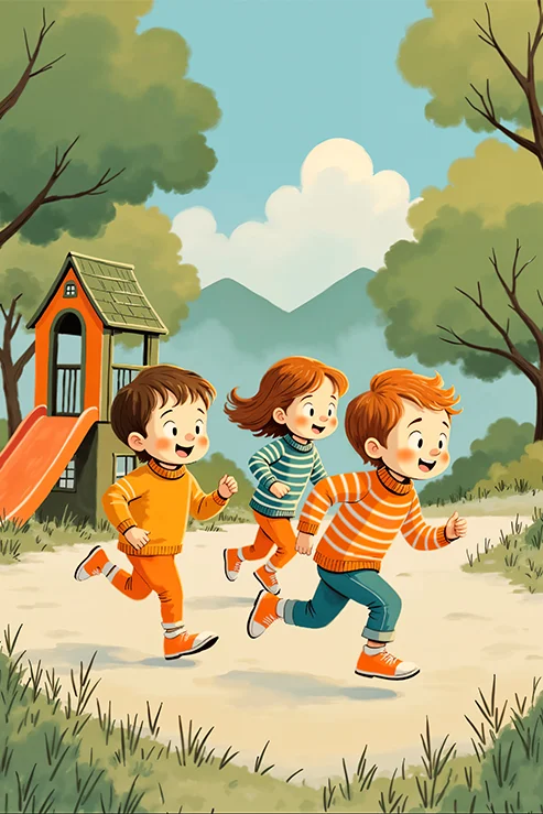 Children's illustration of three kids running past a playground in the woods