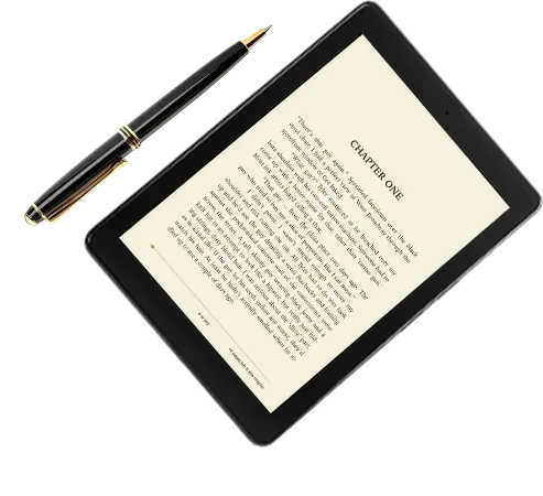 E-book tablet showing Chapter One with a fountain pen
