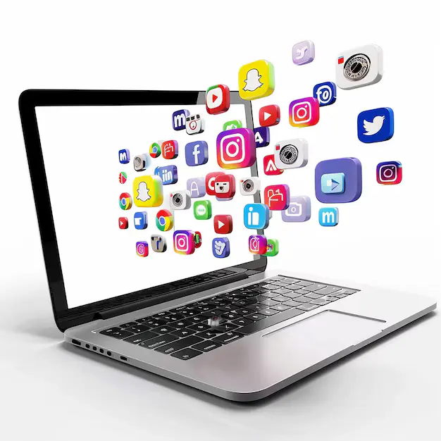 Laptop with social and review platform icons coming off the screen