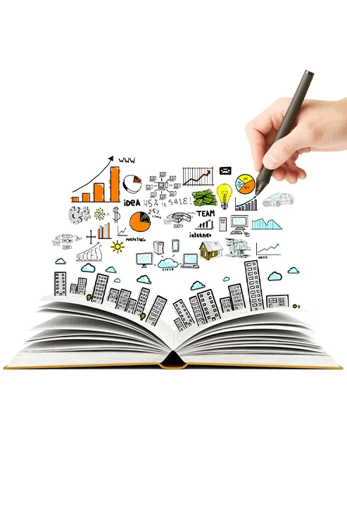Open book with marketing charts and ideas being drawn above the pages
