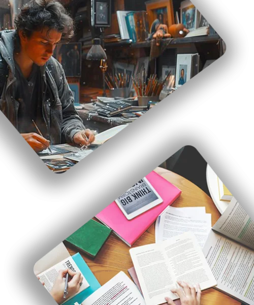 Studio collage: a writer at a research desk and a table of books, notes, and drafts